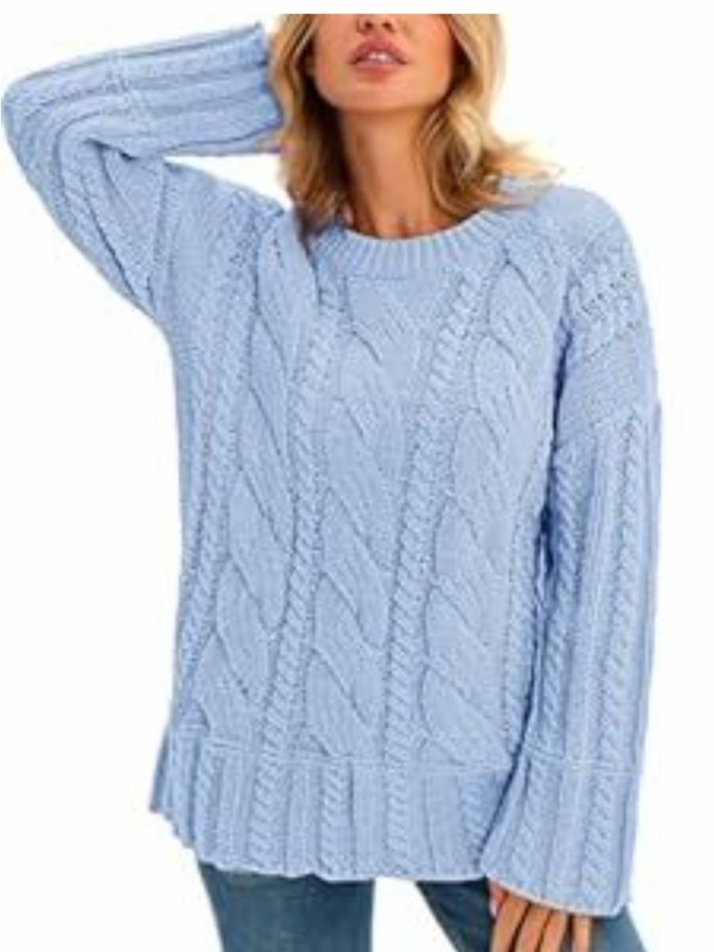 Women's Light Blue Cable Knit Crewneck Sweater - Cozy Layering Pullover